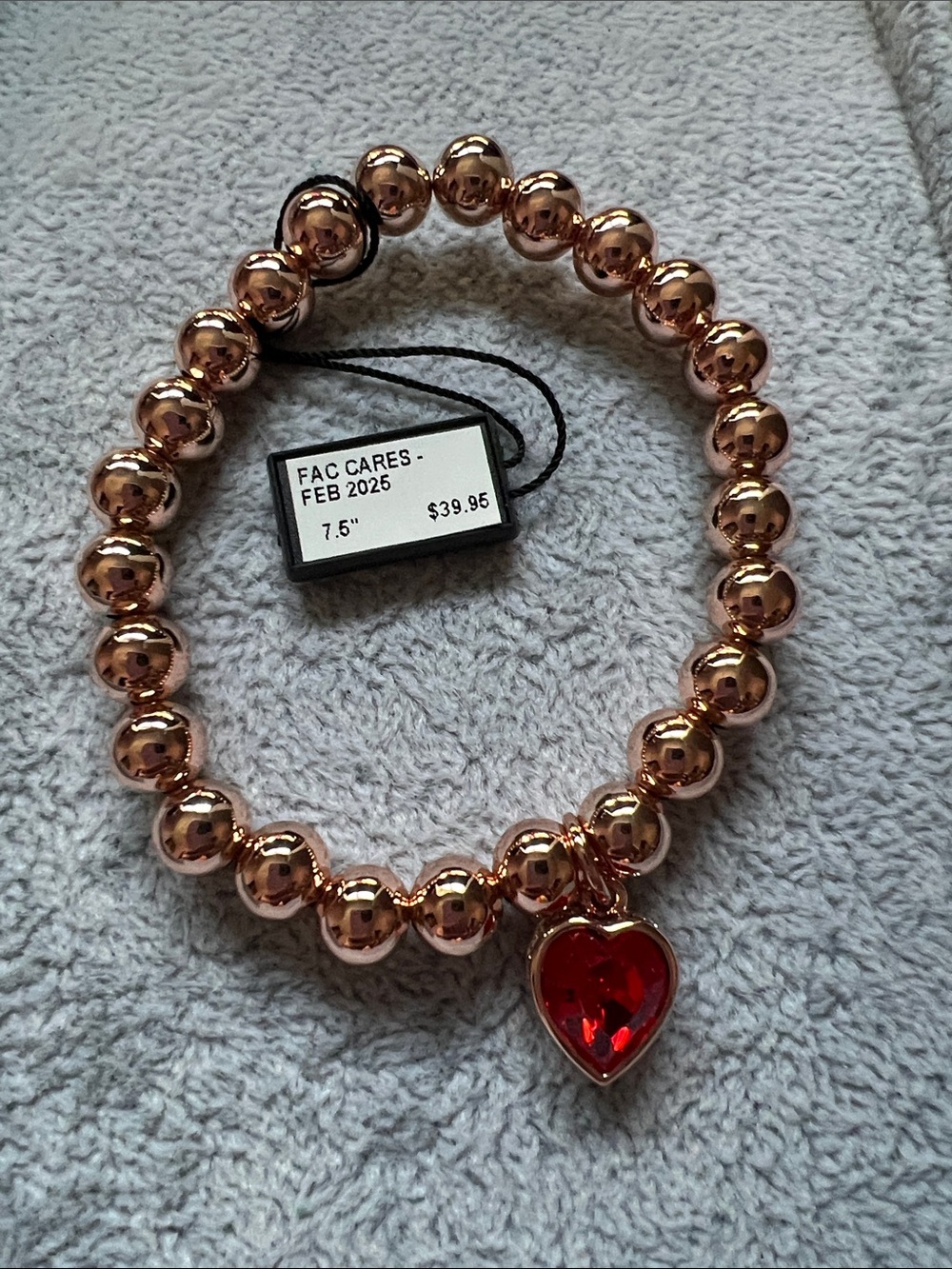 FAC Cares Rose Gold Beaded Bracelet with Red Heart Pendant